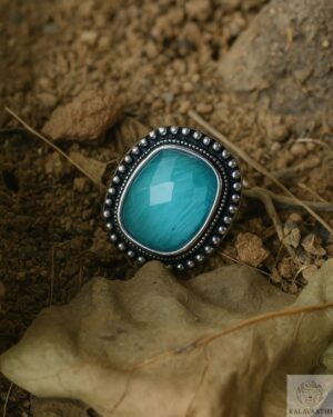 Handmade turquoise oxidised ring with adjustable band in antique silver finish