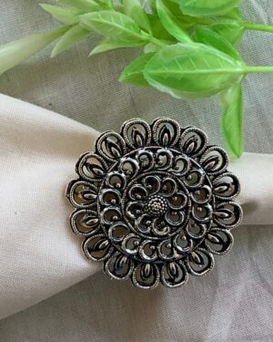 Ethnic Floral Oxidized Adjustable Ring