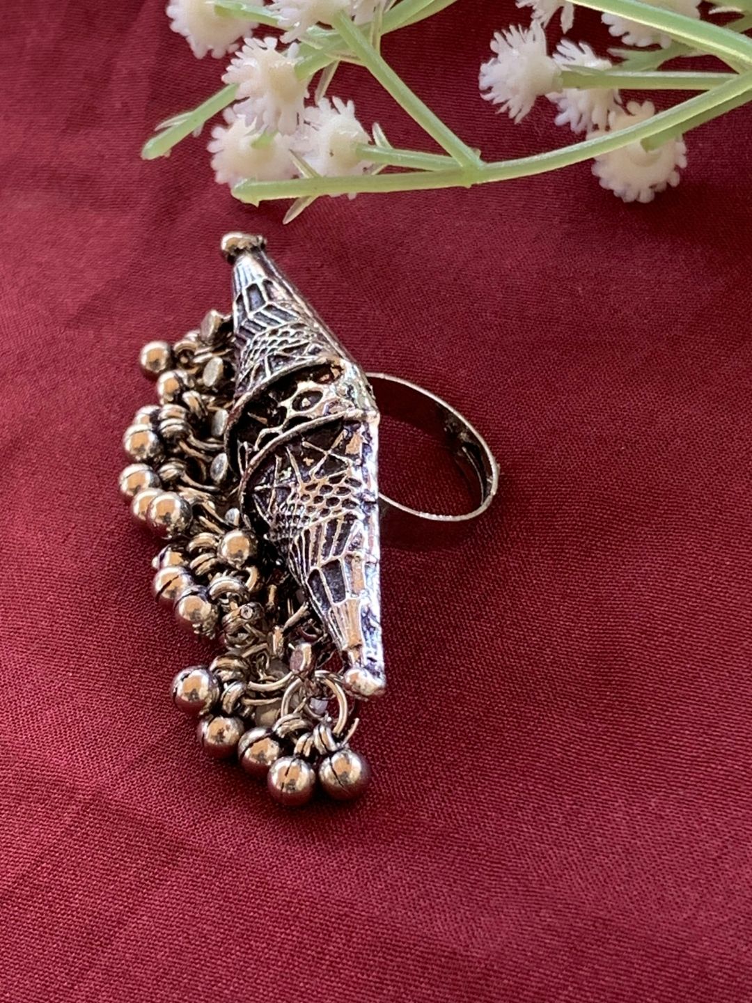 Oxidised Silver Ring with Ghungroo - Image 3