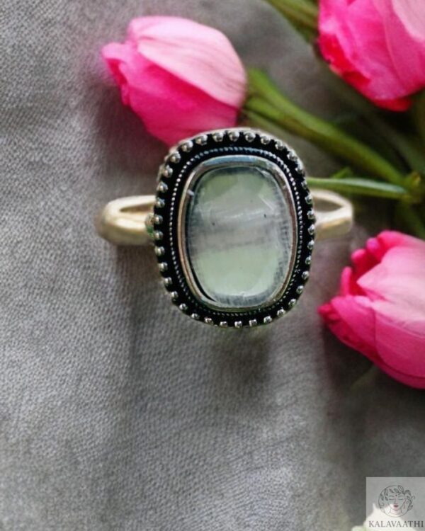 Handcrafted oxidised ring with a rectangular white stone and vintage moonlight-inspired design