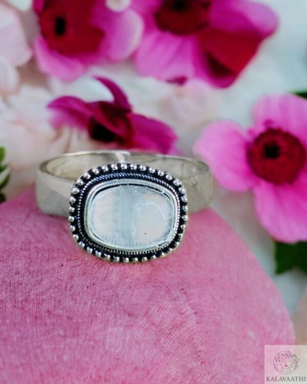 Oxidised silver ring with a rectangular white stone, inspired by moonlight elegance and handcrafted charm