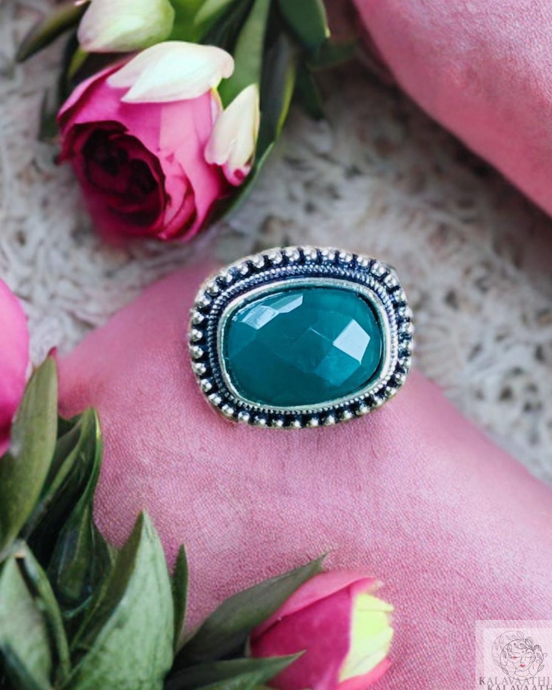 Handcrafted green oxidised ring with regal antique finish