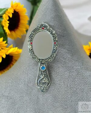 Vintage oxidised mirror with red and blue stone