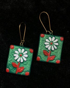 Green Base with Flowers Rectangular Terracotta Earrings