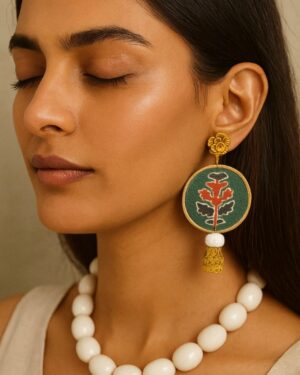 Handcrafted Round Fabric Earrings with Floral Design & Jhumka Drop