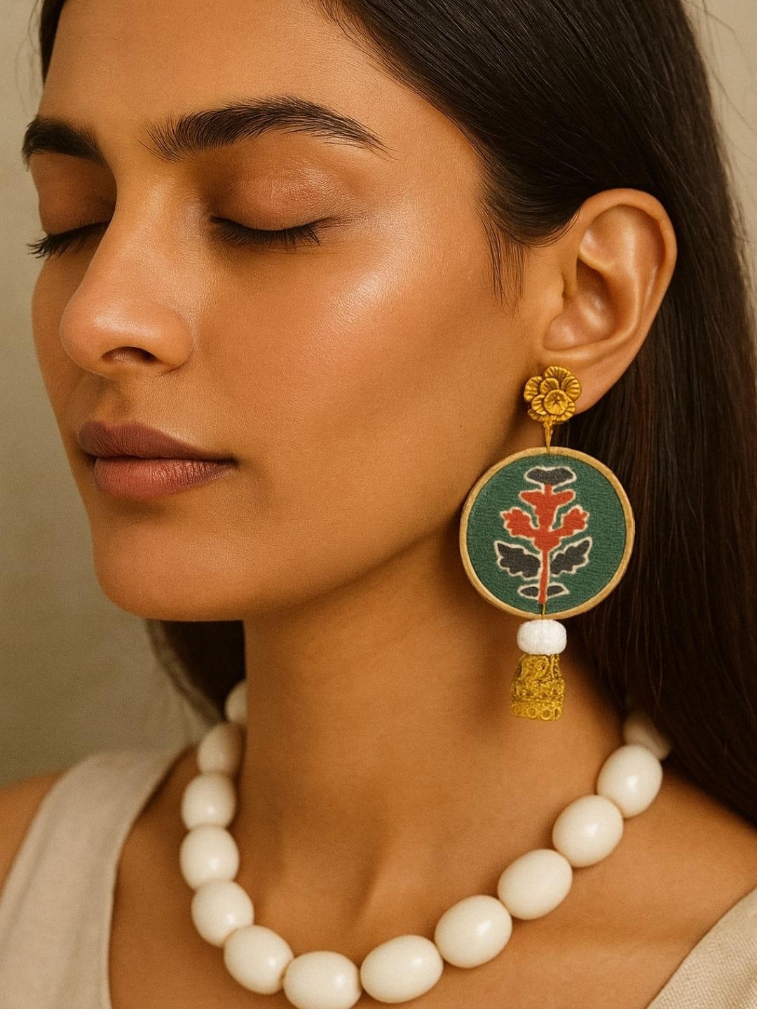 Handcrafted Round Fabric Earrings with Floral Design & Jhumka Drop