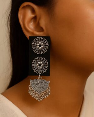 Handcrafted Black Fabric Earrings with Oxidized Silver Danglers