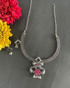 Oxidized Silver Floral Necklace with Ruby Accents