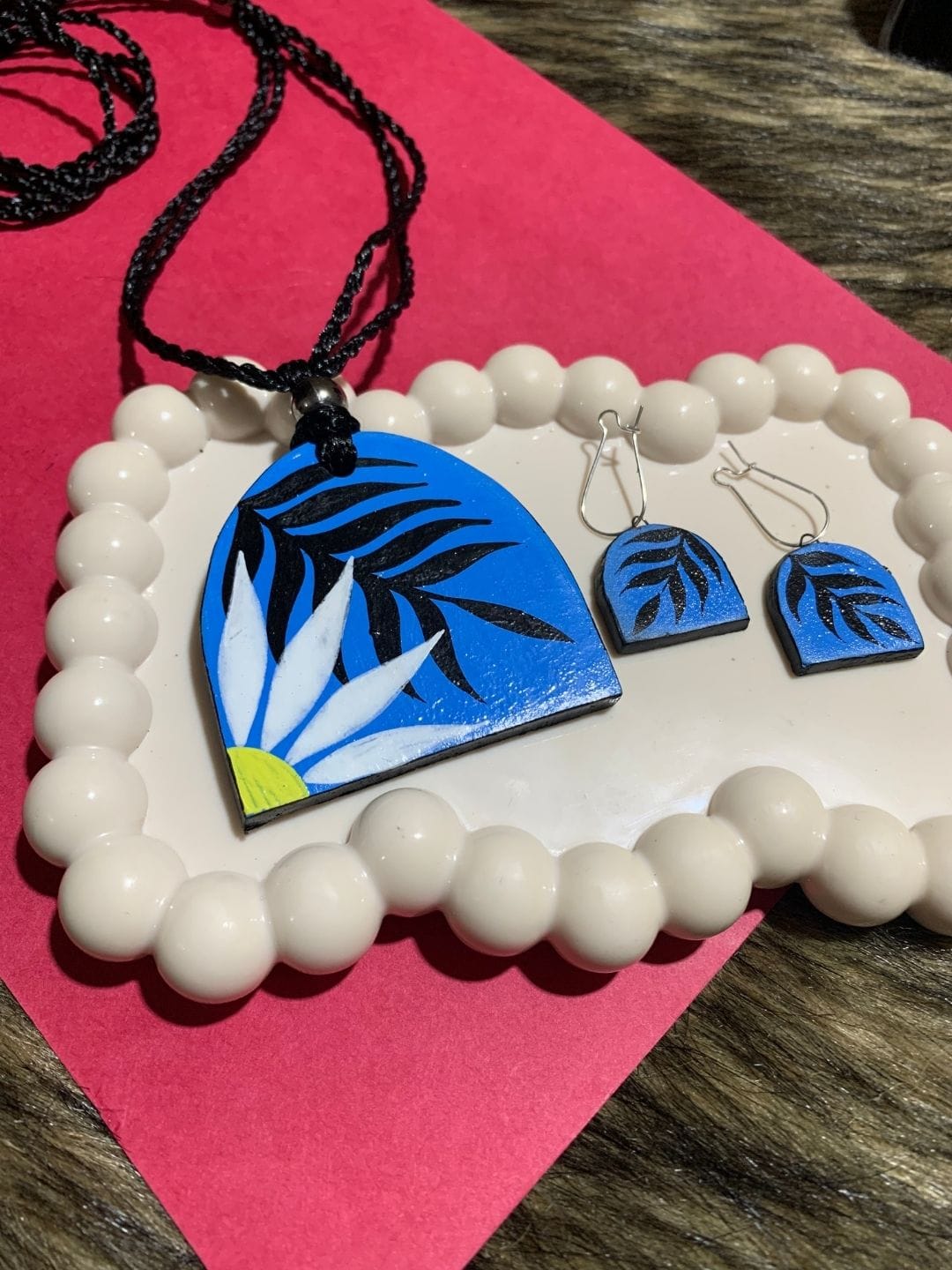 Blue Handpainted Floral Pendant Set