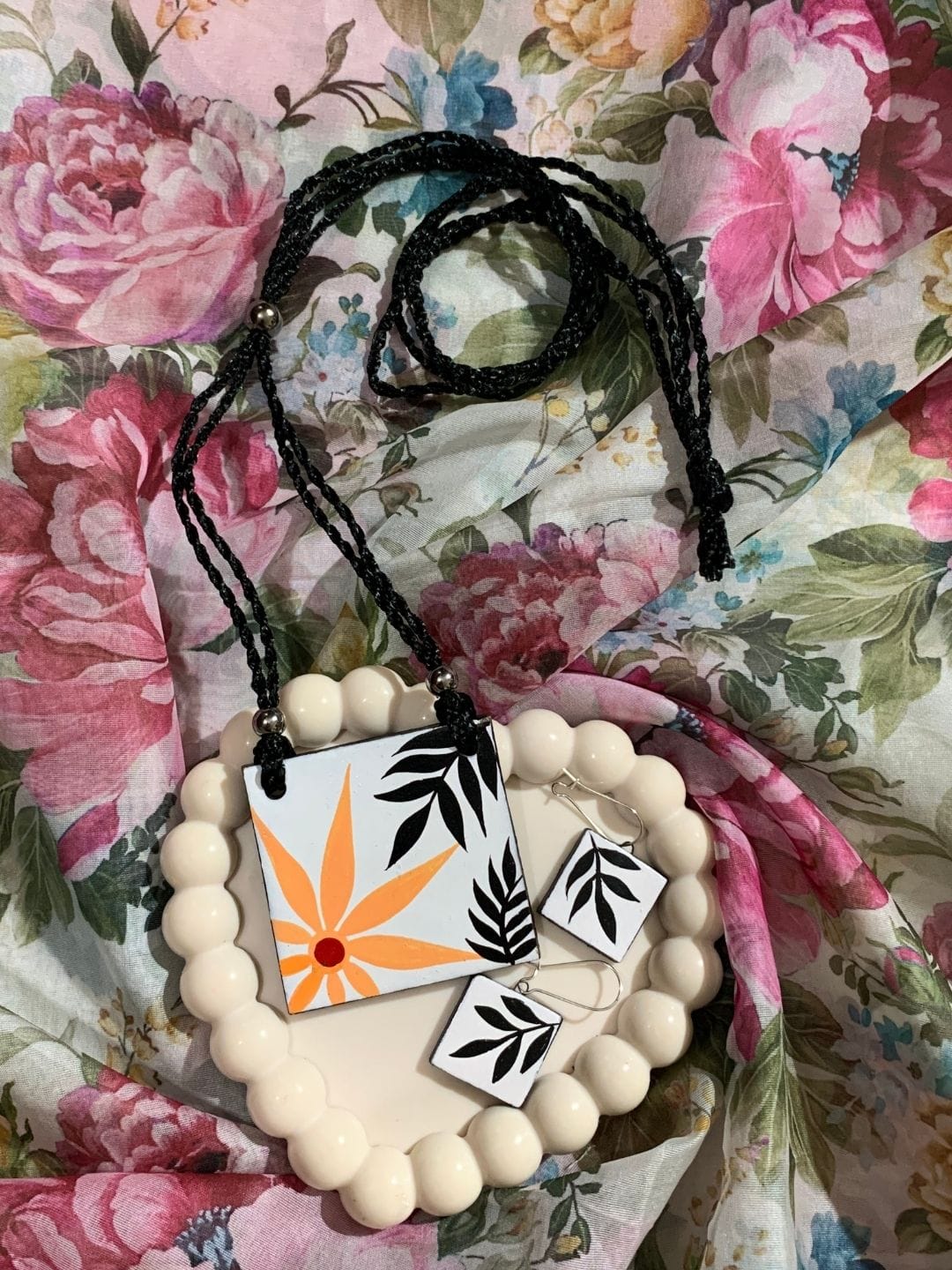 White & Orange Handpainted Pendant Set
