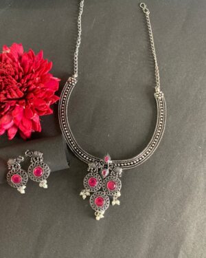 Oxidised Silver Pink Stone Choker Set