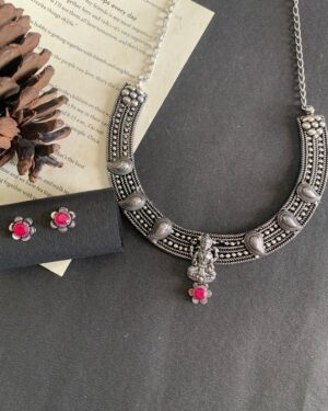 Oxidised Silver Ganesh Pendant Choker Set with Pink Stone Stud Earrings