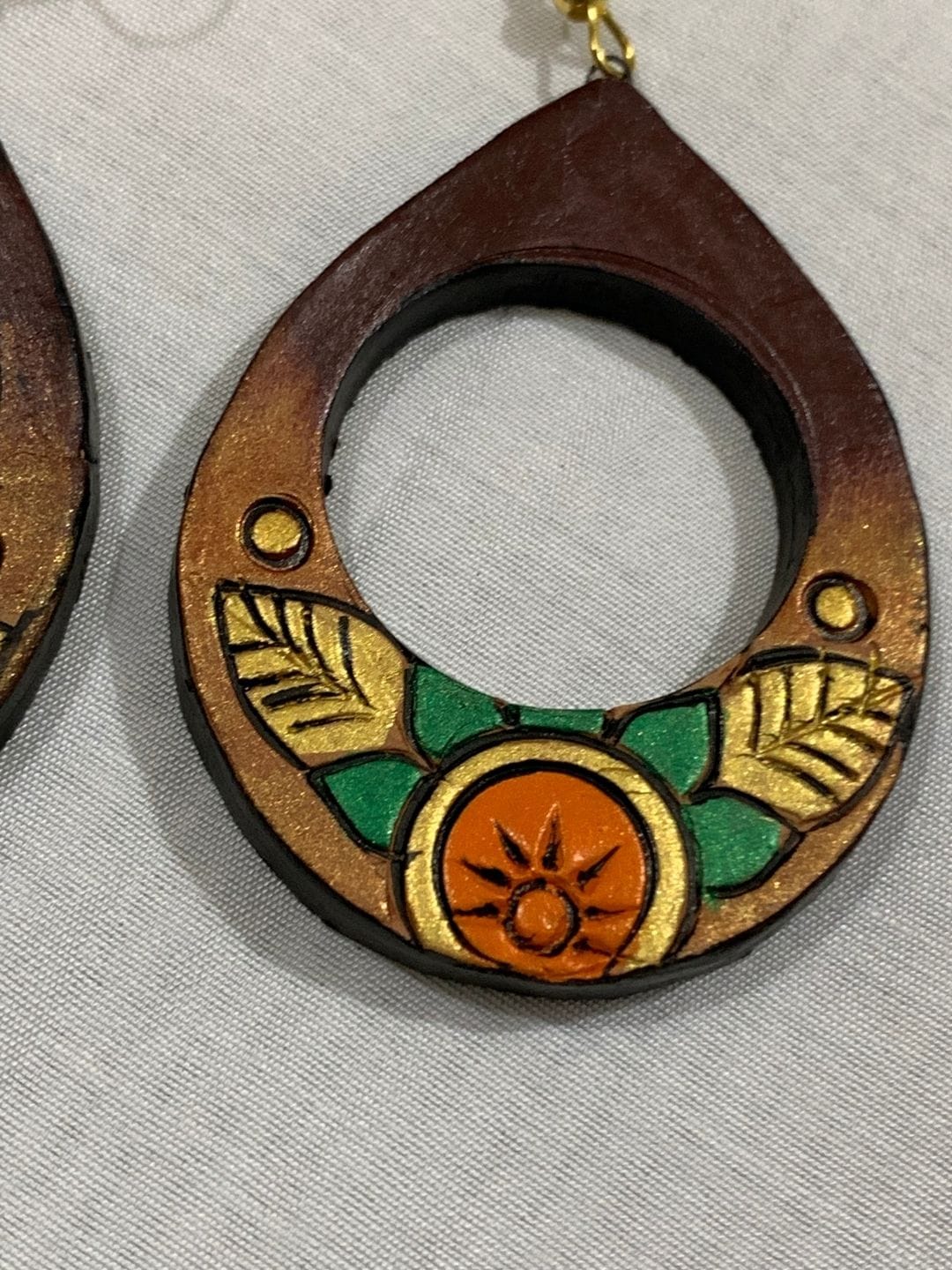 Terracotta Teardrop Earrings with Sun Motif & Leaf Design - Image 2