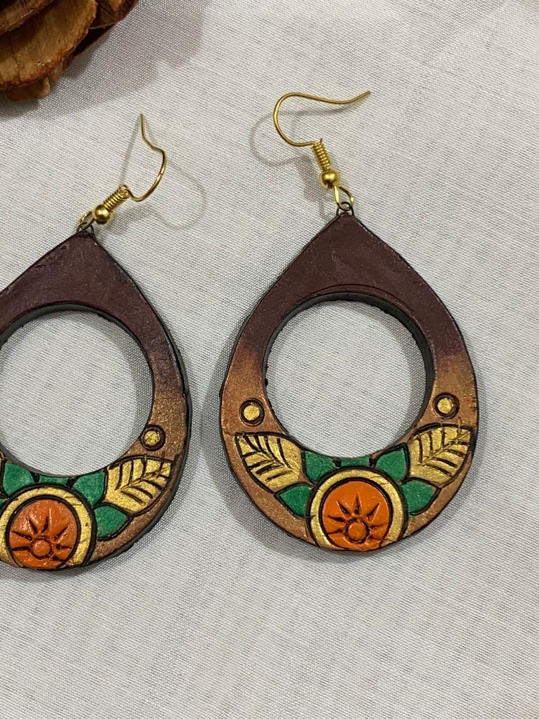 Terracotta Teardrop Earrings with Sun Motif & Leaf Design - Image 3
