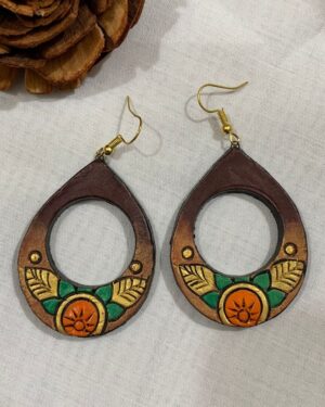 Terracotta Teardrop Earrings with Sun Motif & Leaf Design