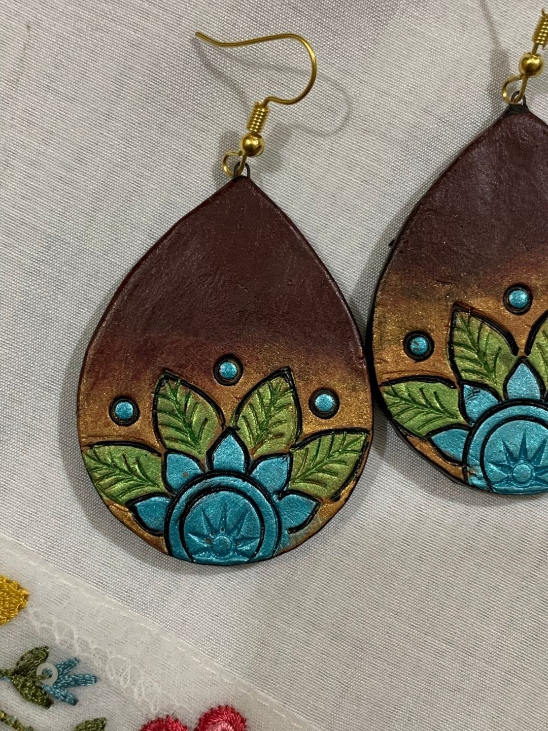 Terracotta Earrings with Motif & Leaf Design - Image 2