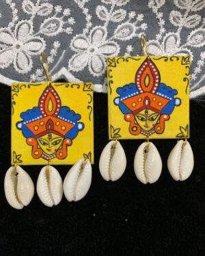 Handcrafted Durga Motif Earrings with Cowrie Shells
