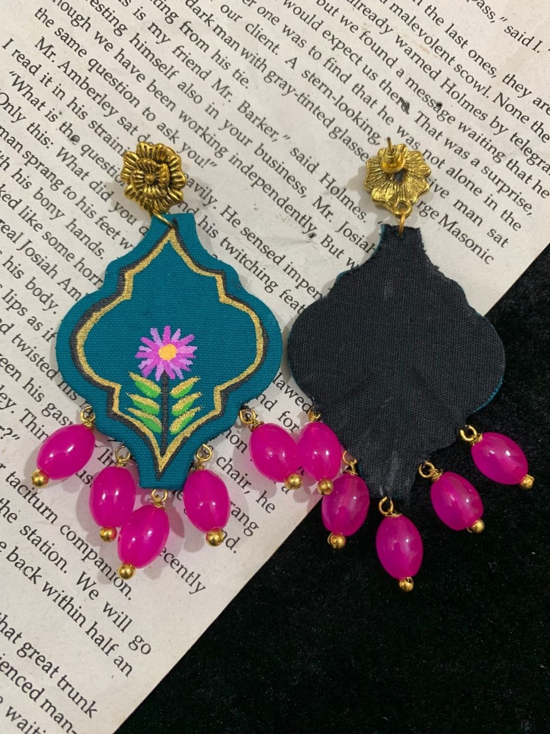 Teal Floral Fabric Earrings with Pink Beads - Image 2