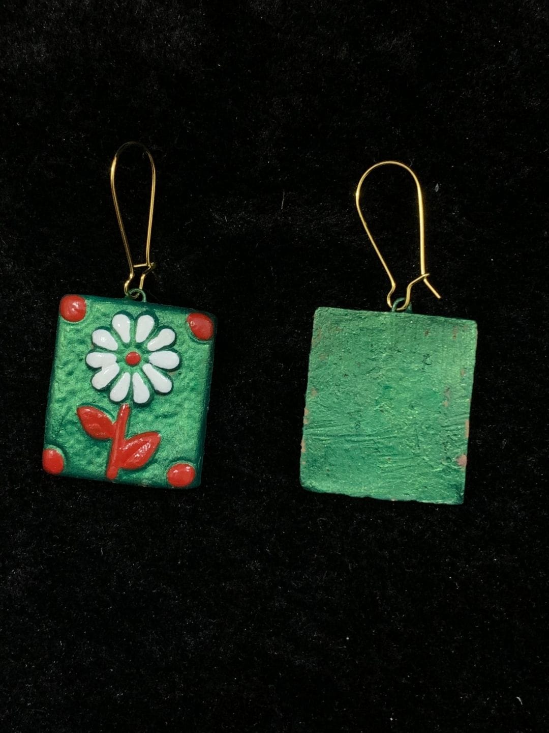 Green Base with Flowers Rectangular Terracotta Earrings - Image 2