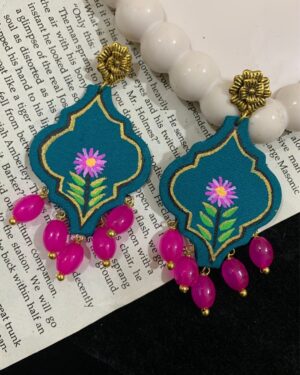 Teal Floral Fabric Earrings with Pink Beads