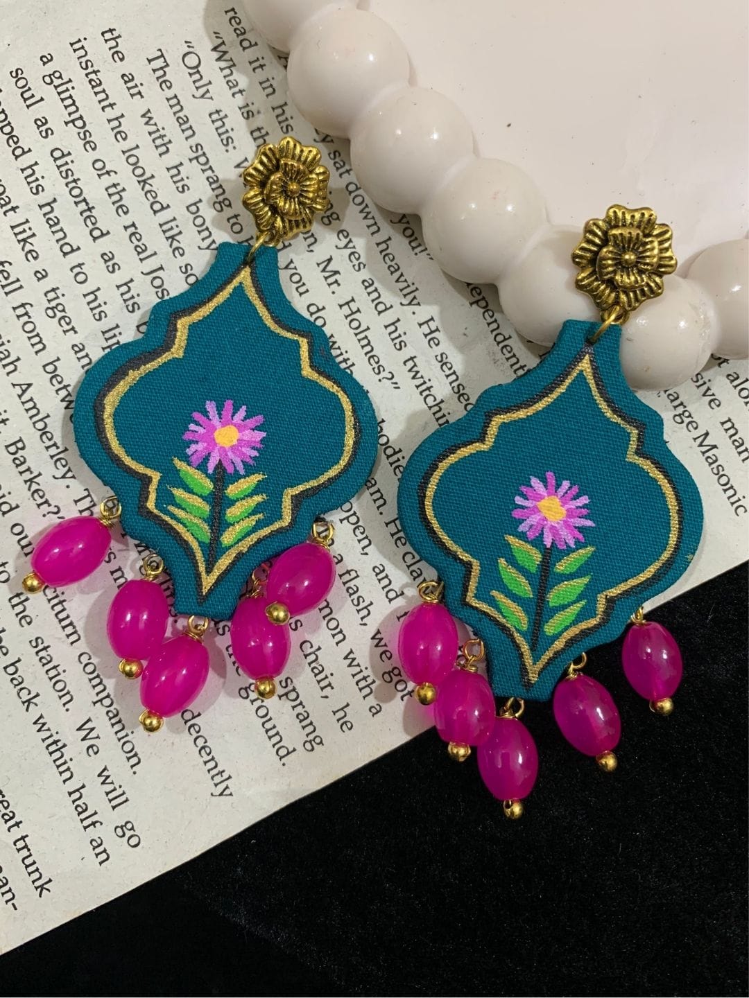 Teal Floral Fabric Earrings with Pink Beads