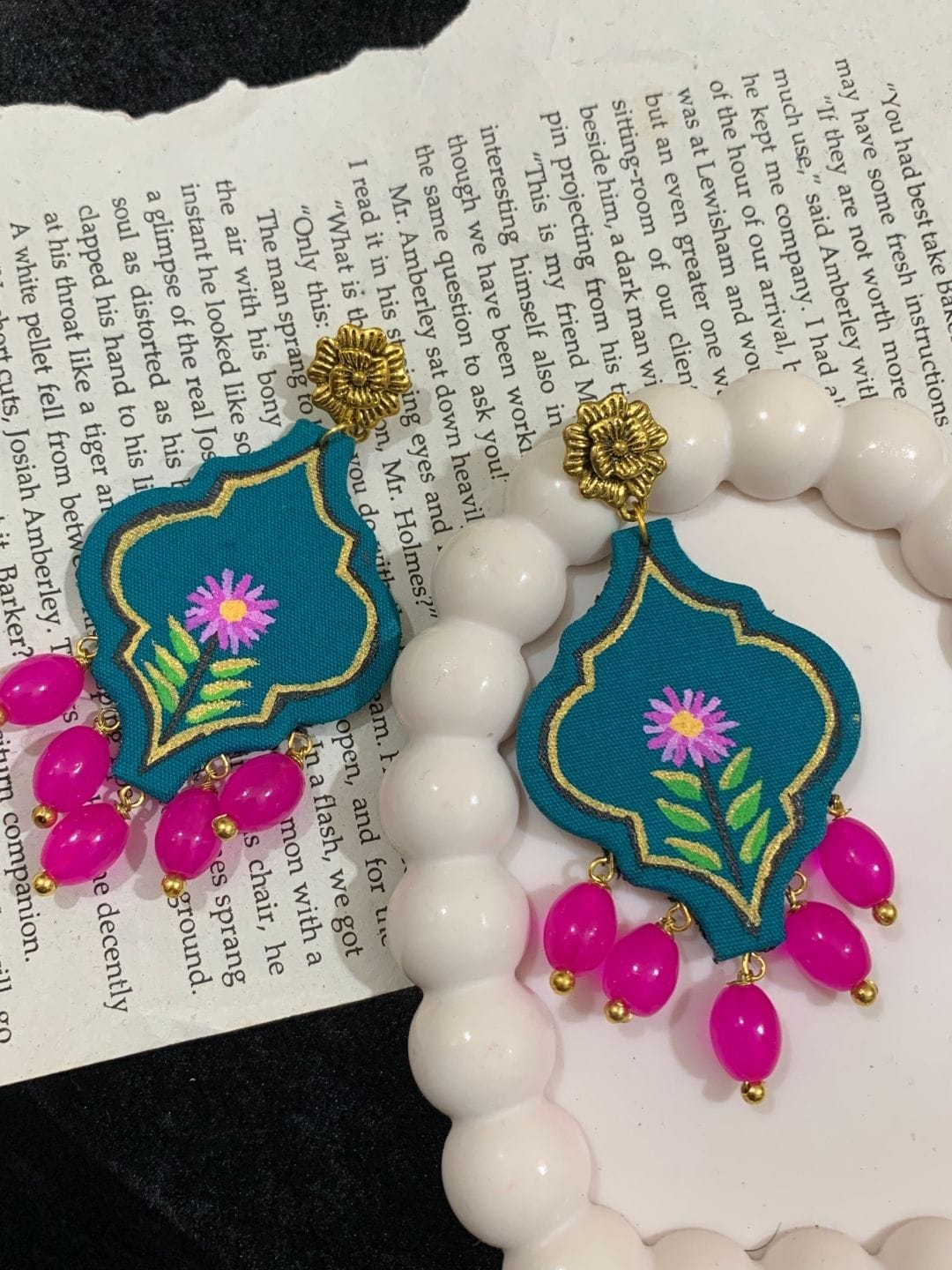Teal Floral Fabric Earrings with Pink Beads - Image 3