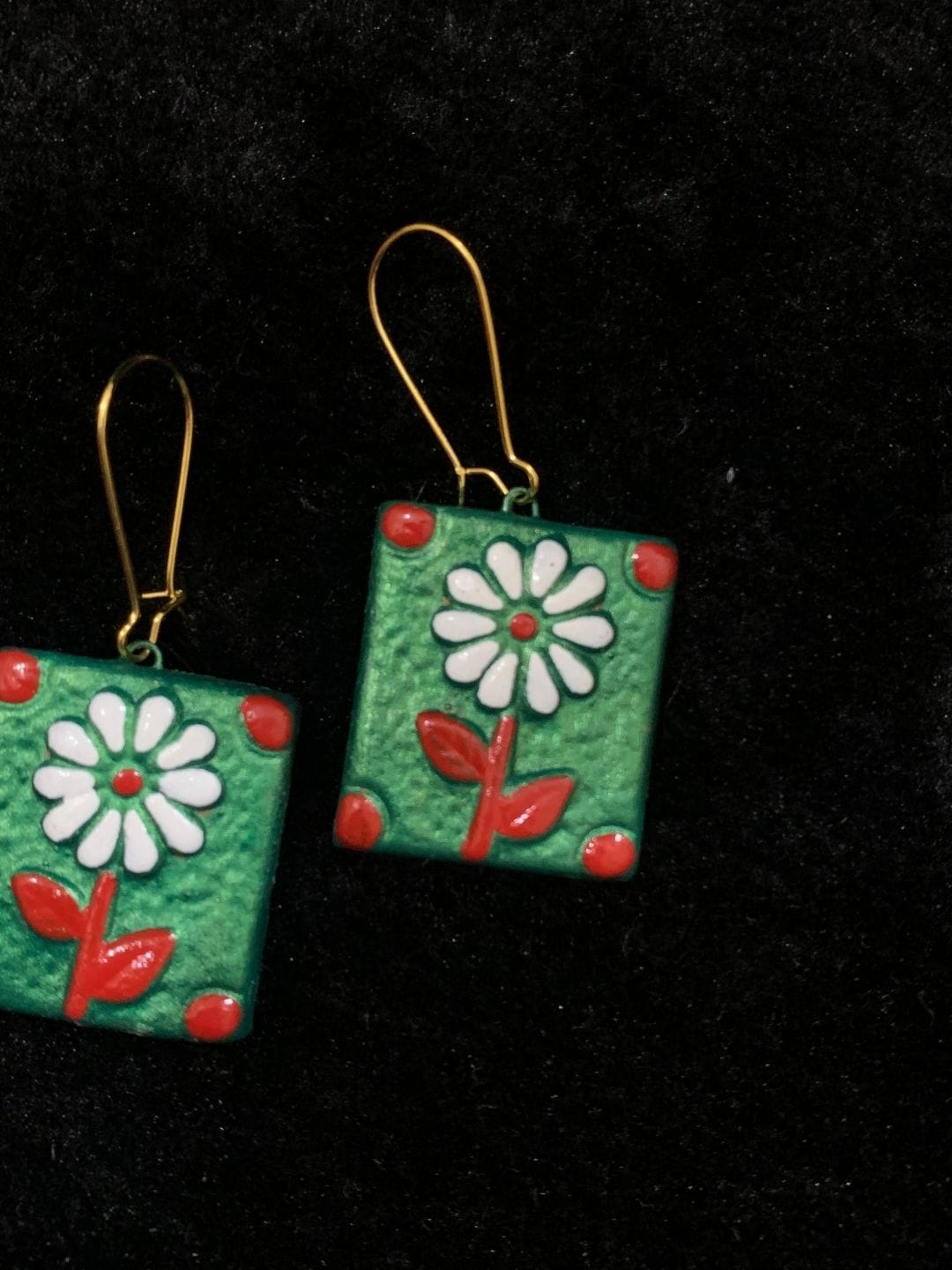 Green Base with Flowers Rectangular Terracotta Earrings - Image 3
