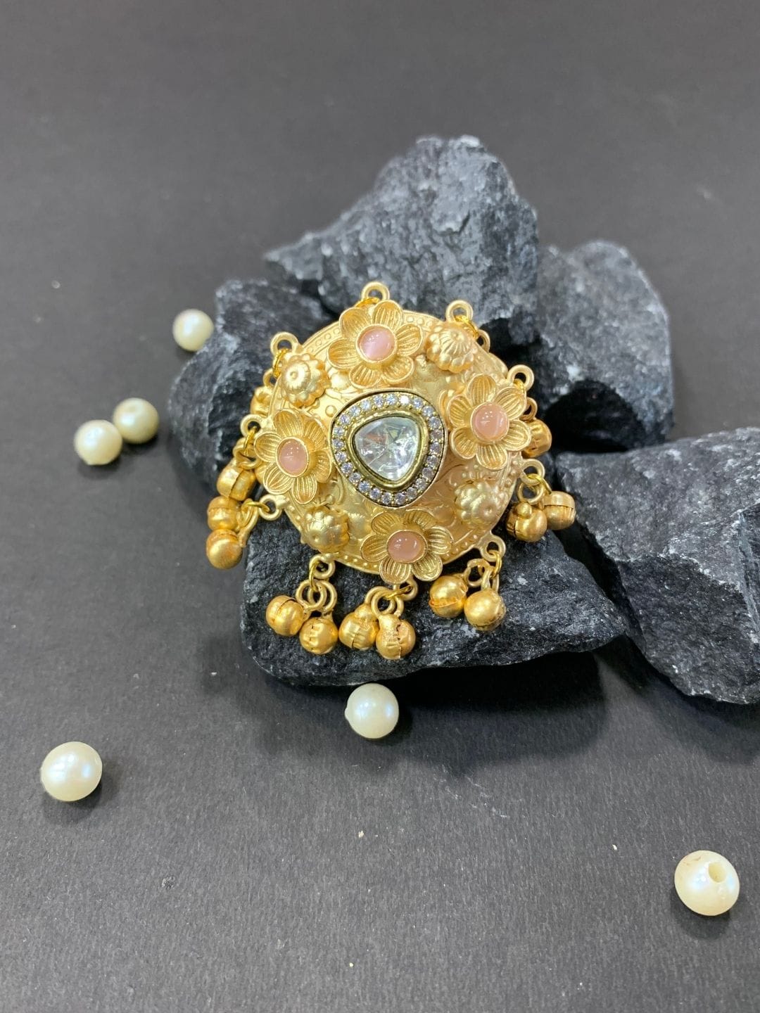 Kashmiri White Kundan Ghungroo Statement Ring