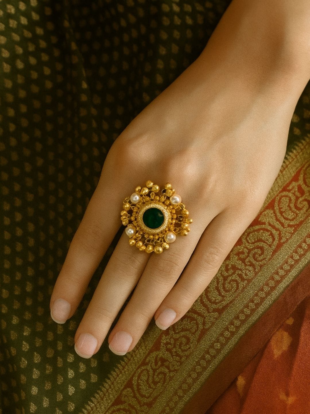 Kashmiri Green Stone Pearl Ring - Image 2