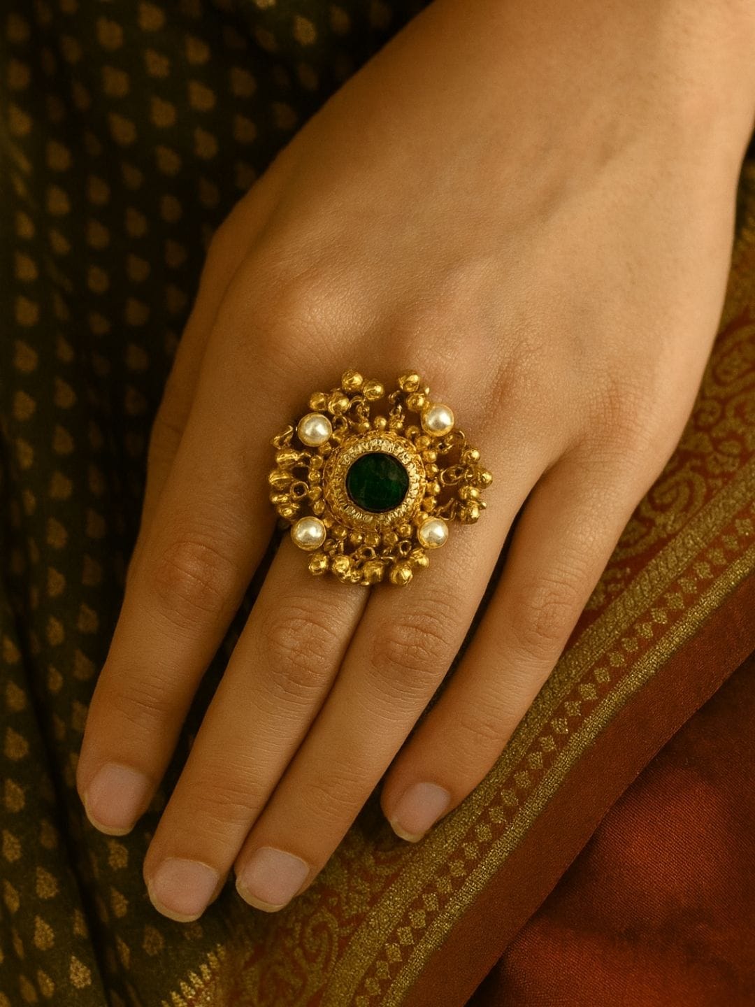 Kashmiri Green Stone Pearl Ring - Image 5