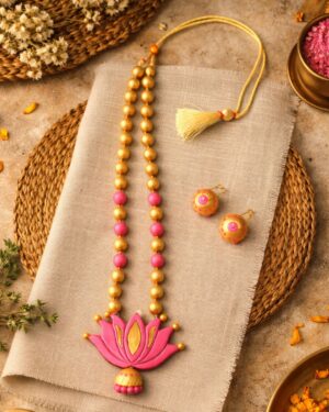 Handmade Terracotta Lotus Necklace and earring
