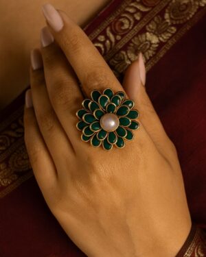 Green Stone Floral Adjustable Ring