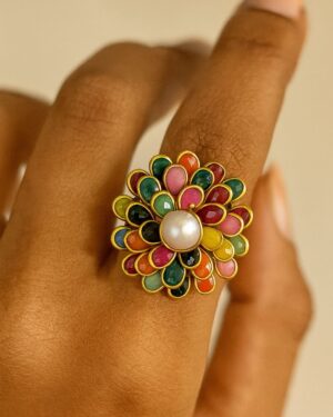 Multicolour Stone Floral Adjustable Ring