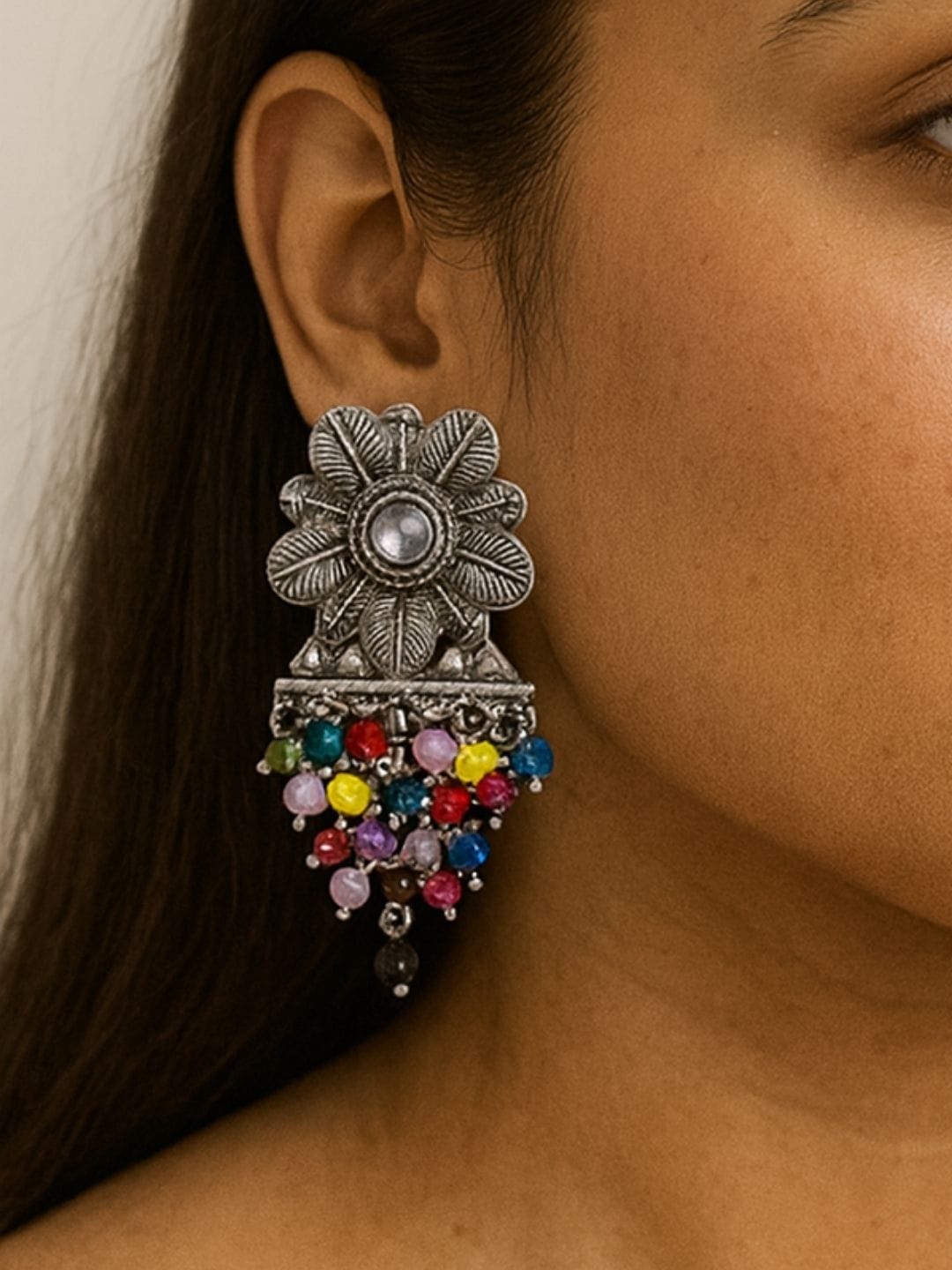 Oxidised Floral Multicolour Bead Earrings