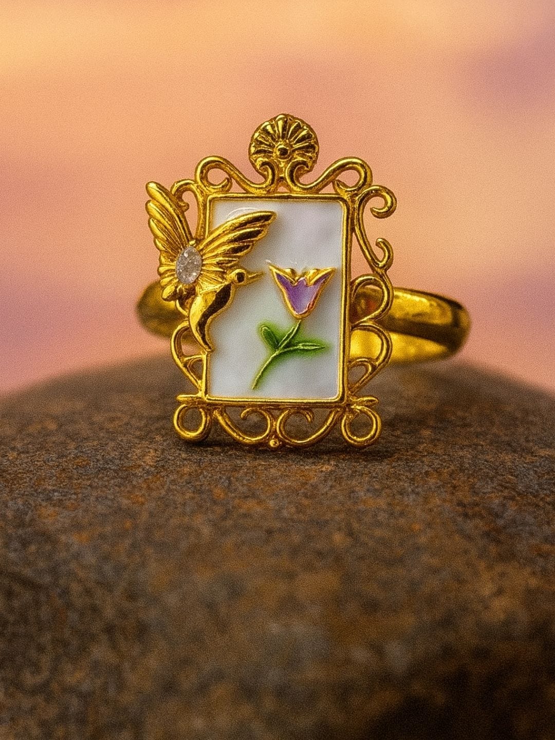 Gold-Plated Stainless Steel Butterfly & Floral Enamel Ring