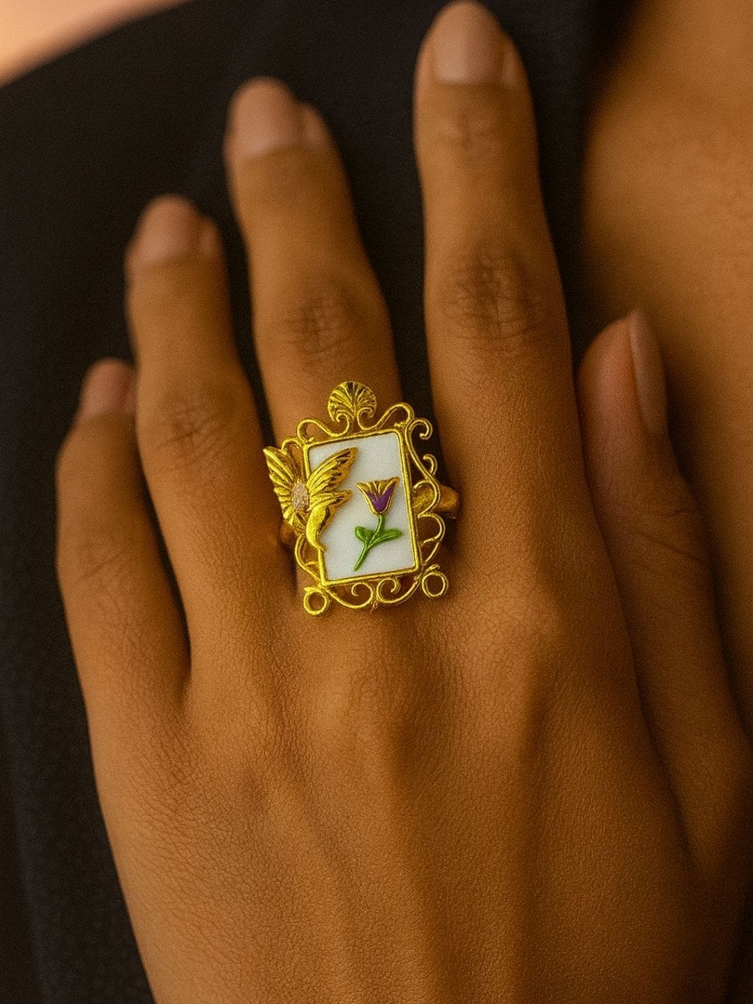 Hummingbird Floral Frame Ring - Image 3