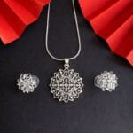 Silver Floral Necklace Set with Earrings