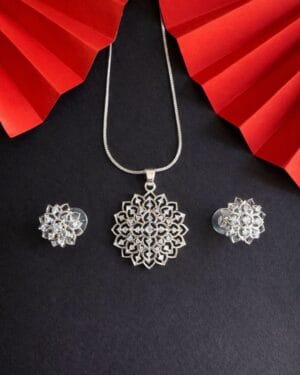 Silver Floral Necklace Set with Earrings
