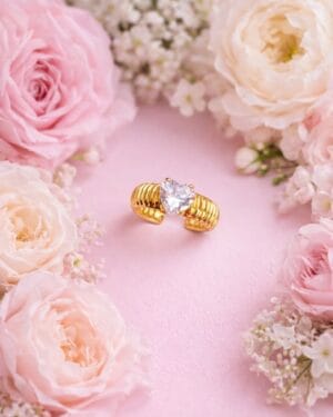 Gold-tone anti-tarnish adjustable ring with heart-shaped American Diamond stone