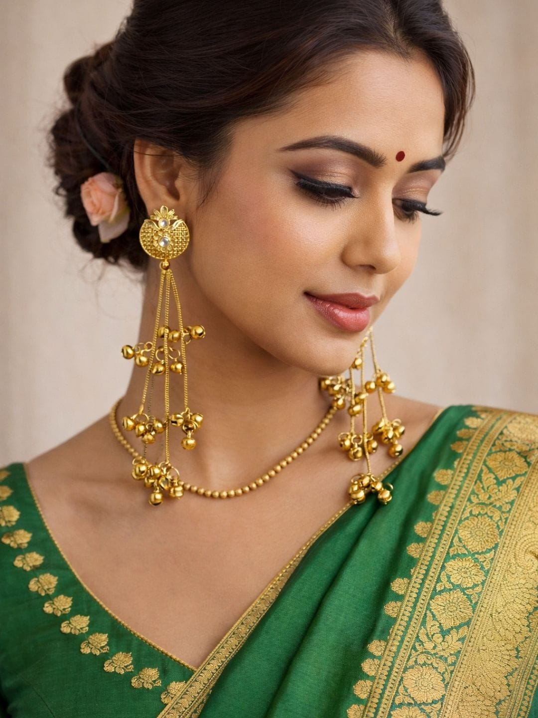 Gold Finish Ghungroo Chain Drop Earrings - Image 3