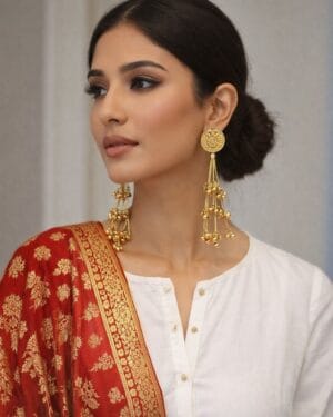 Gold finish ghungroo chain drop earrings with textured round studs worn with traditional outfit
