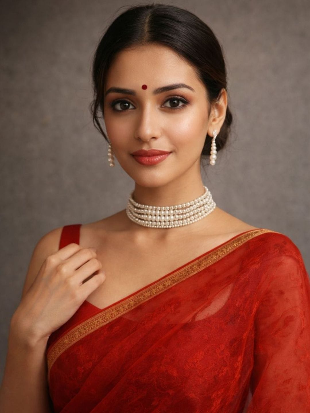 Classic multi-strand pearl choker necklace set with matching pearl drop earrings worn with saree