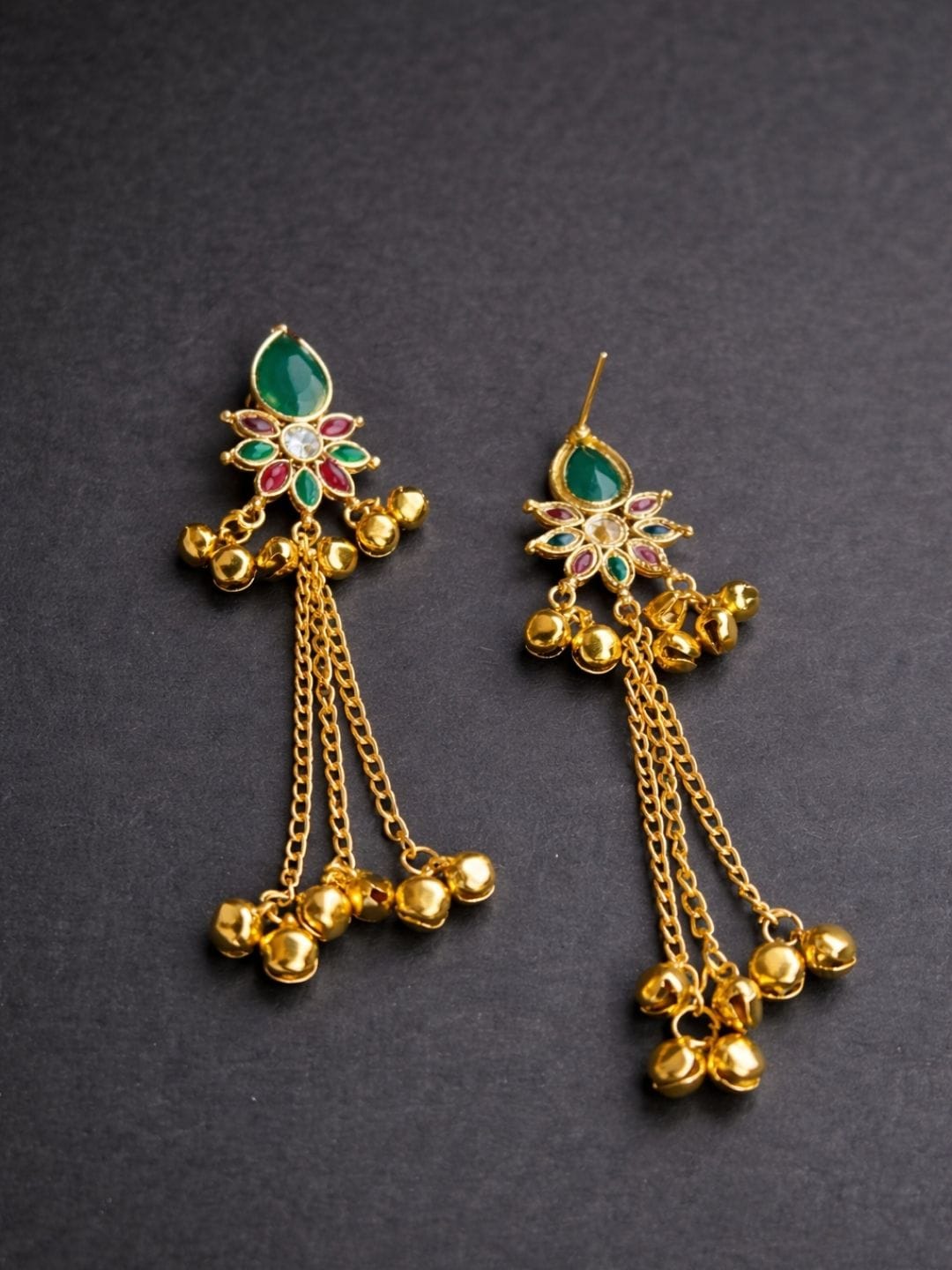 Floral Kundan Gold Finish Chain Drop Earrings - Image 2