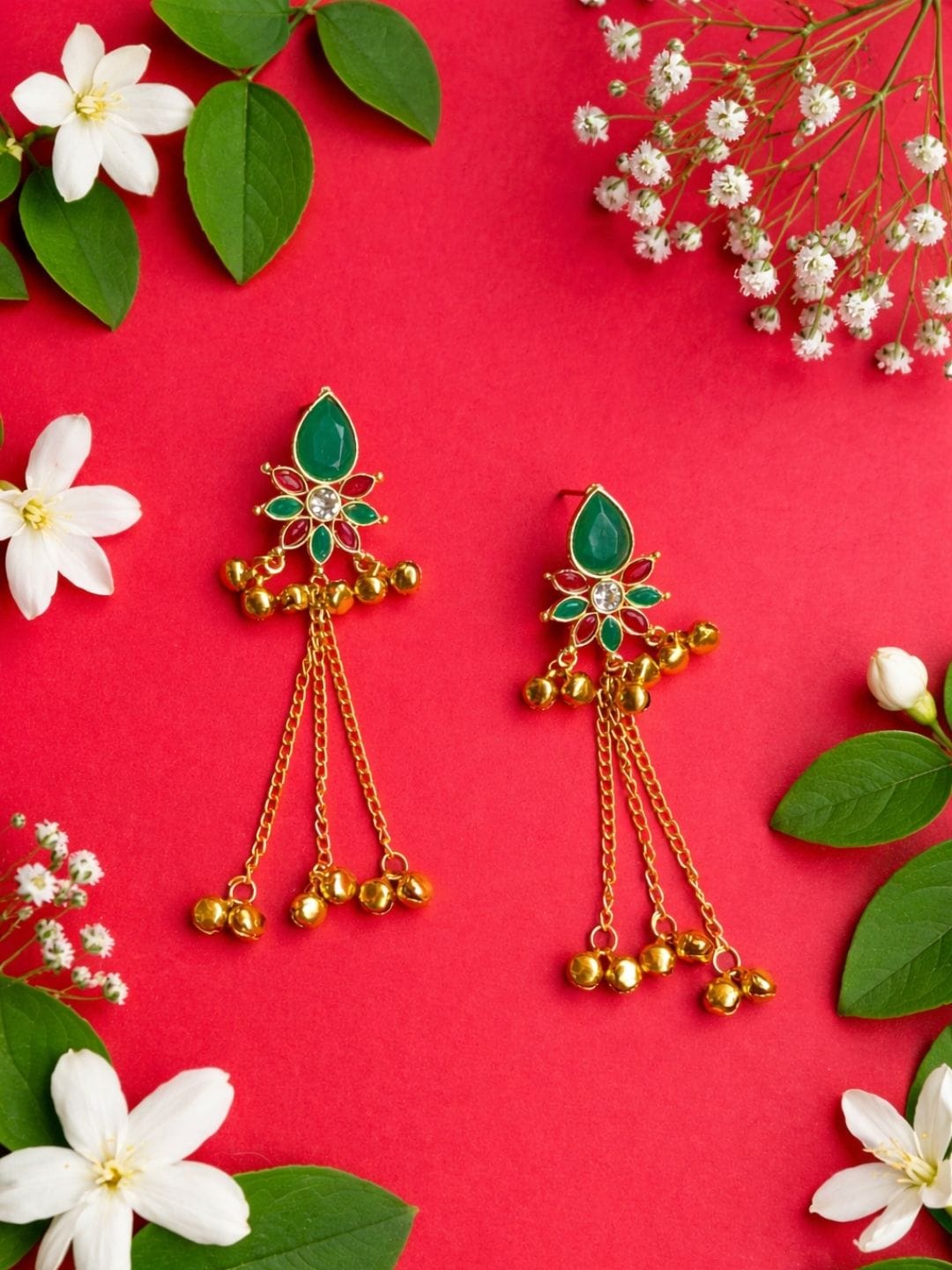 Floral Kundan Gold Finish Chain Drop Earrings