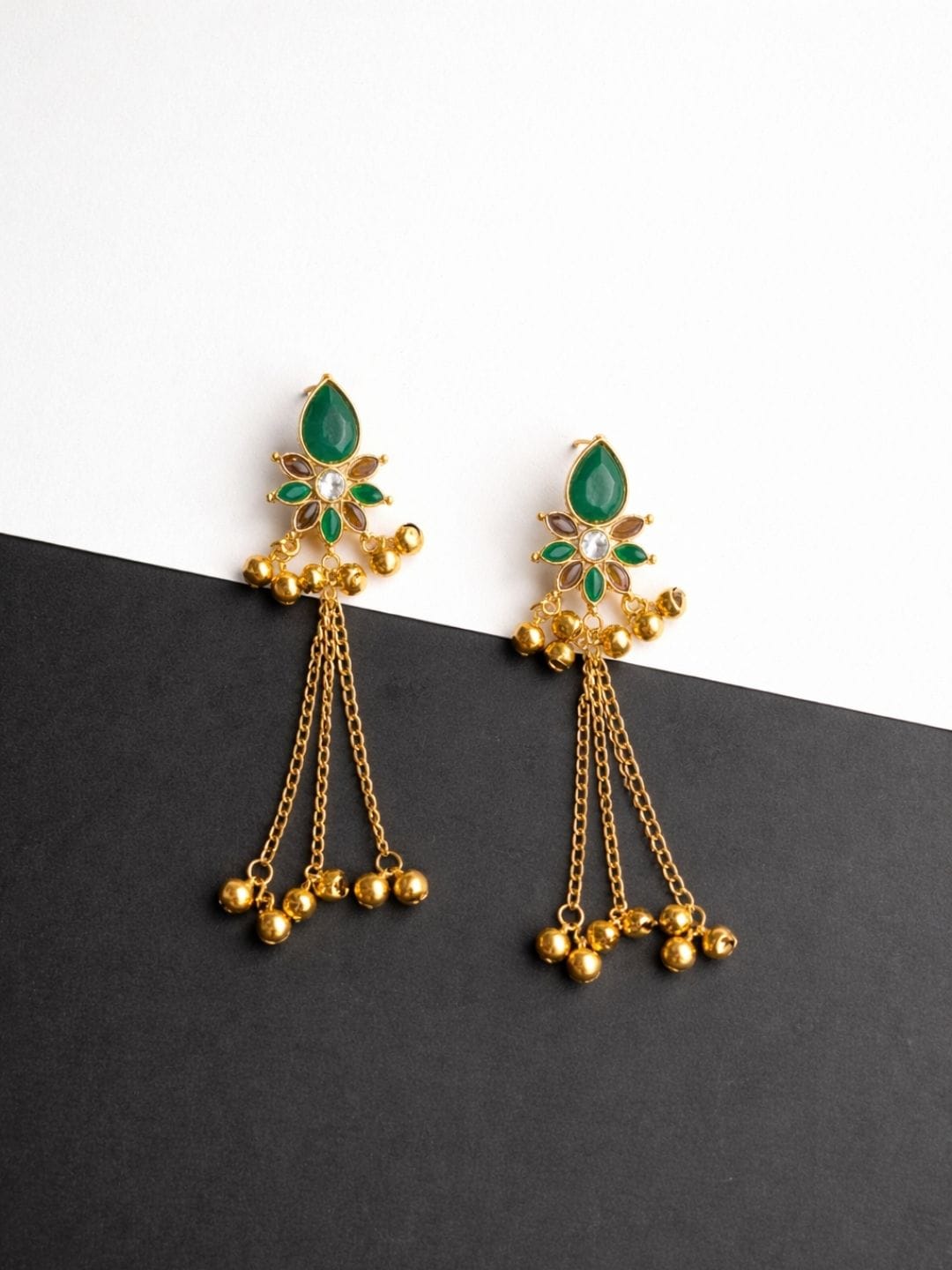 Floral Kundan Gold Finish Chain Drop Earrings - Image 4