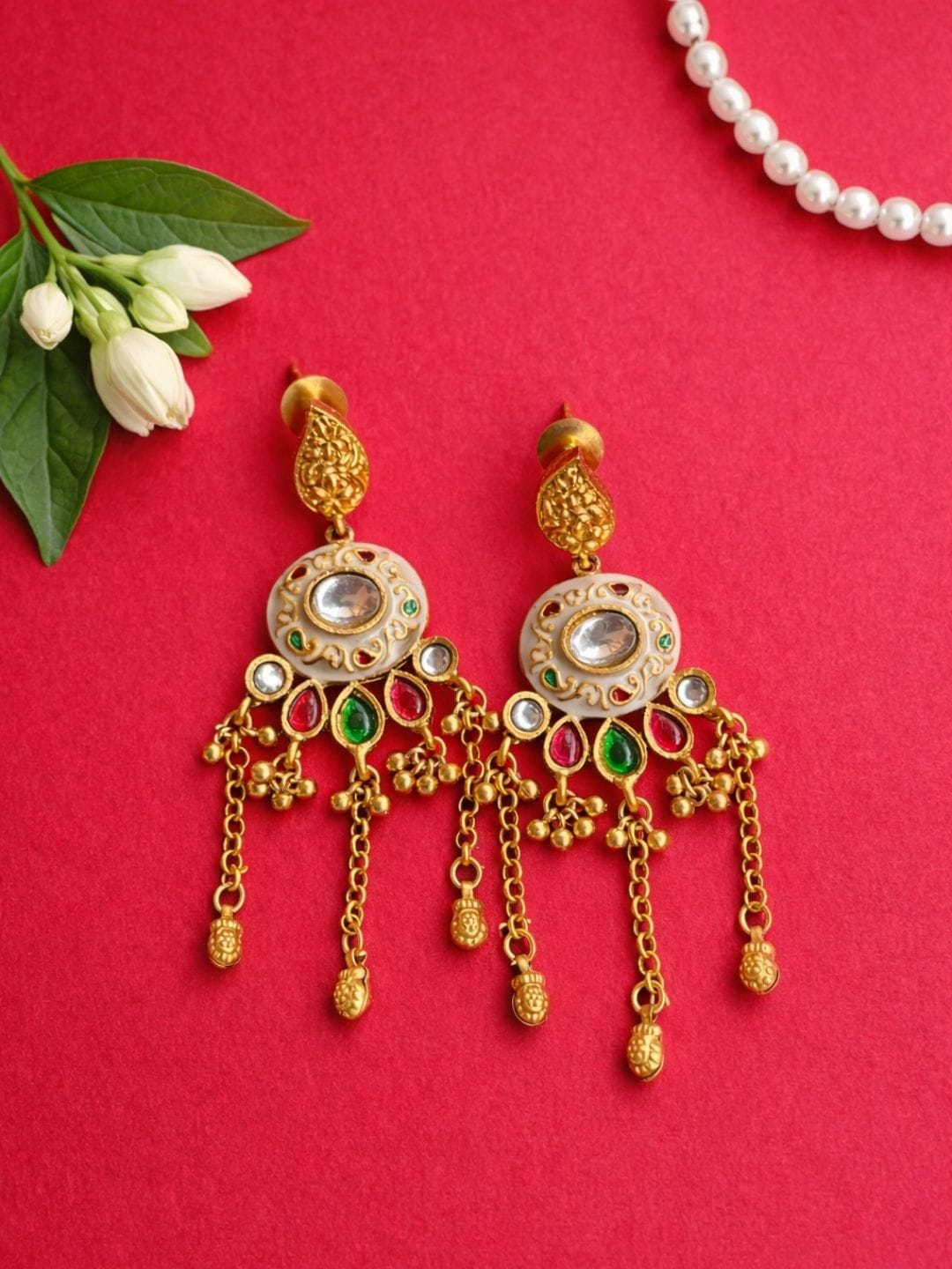 Kundan Gold Finish Multicolour Chain Drop Earrings - Image 2