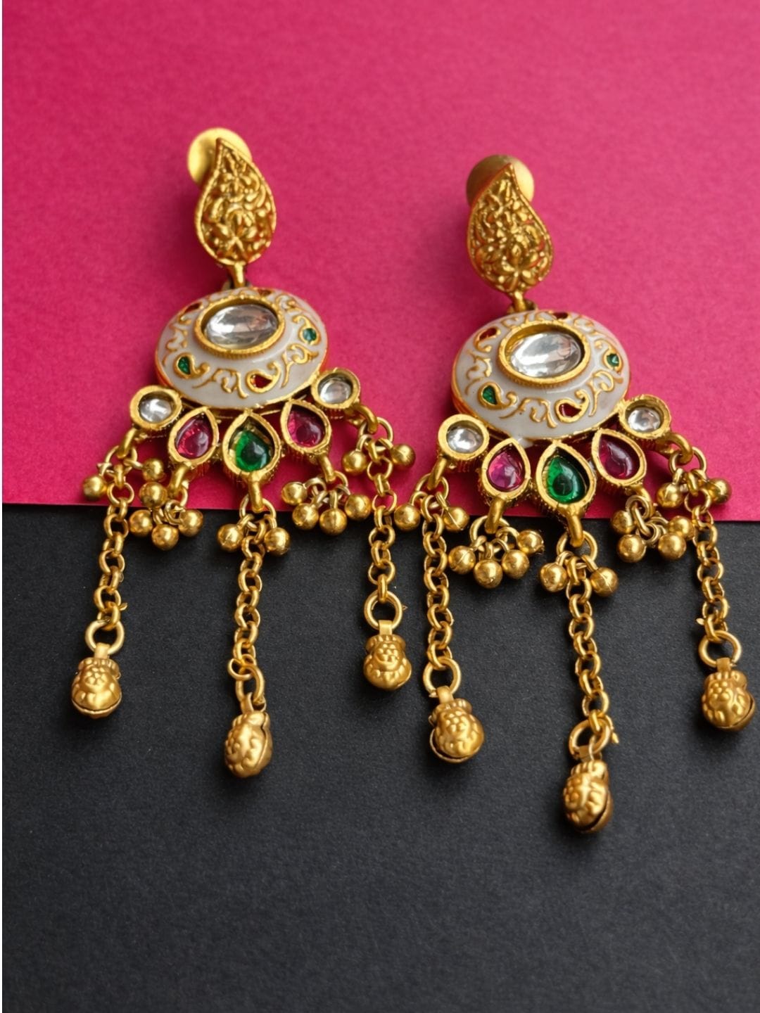 Kundan Gold Finish Multicolour Chain Drop Earrings - Image 3