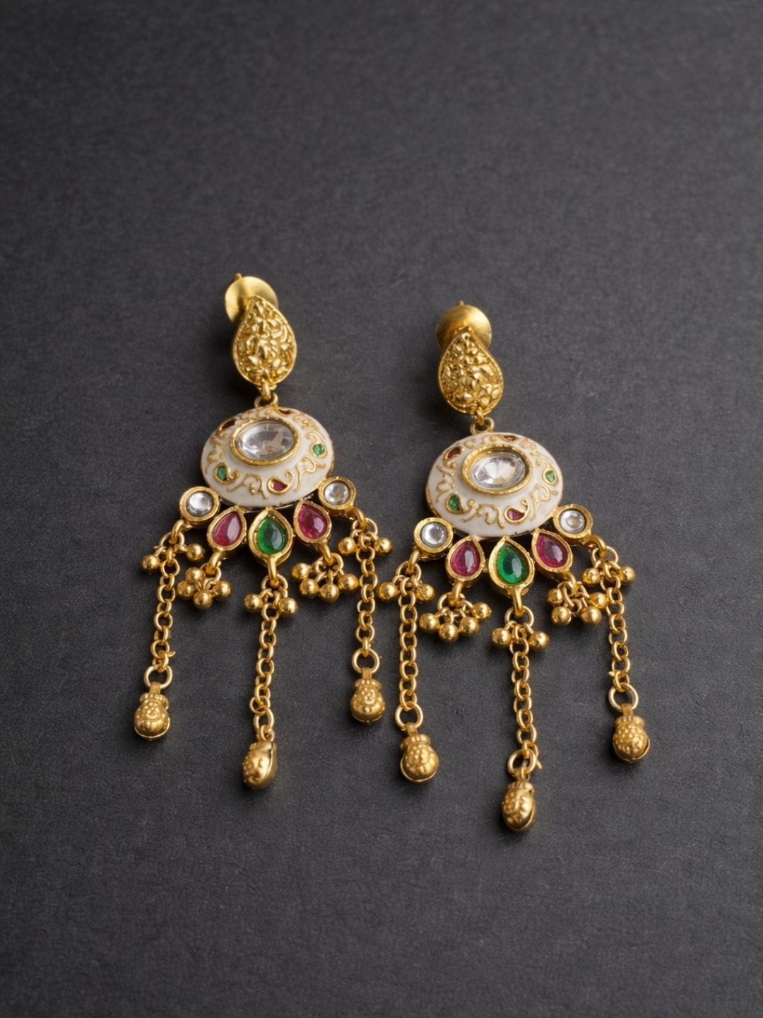 Kundan Gold Finish Multicolour Chain Drop Earrings - Image 4
