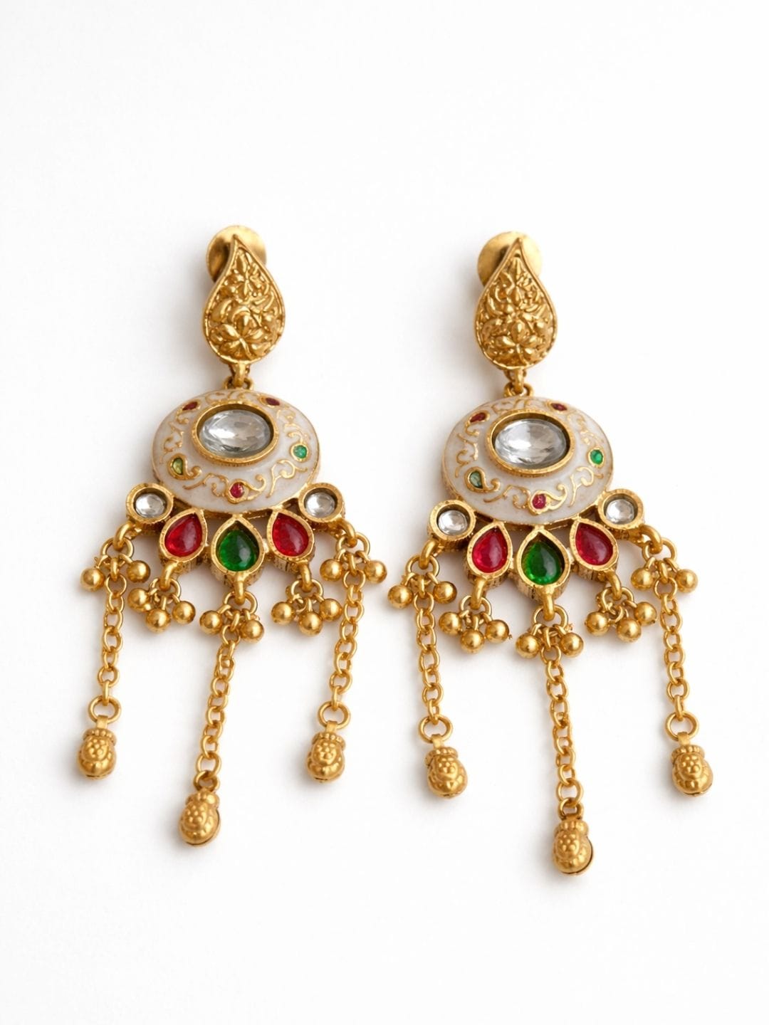 Kundan Gold Finish Multicolour Chain Drop Earrings - Image 5