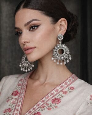 Kundan pearl drop oxidised silver earrings with circular design and teardrop stone detailing on red background